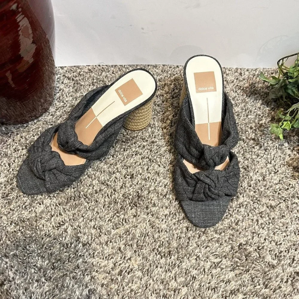 Dolce Vita Jene Double Strap Heeled Sandal Knotted Fabric Gray Slip On 7.5 New